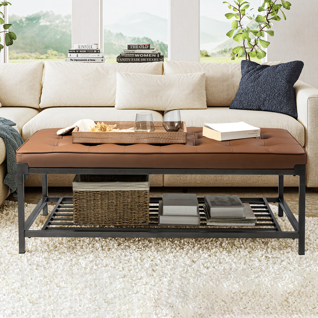 Camel Leather Storage Ottoman Coffee Table D617983