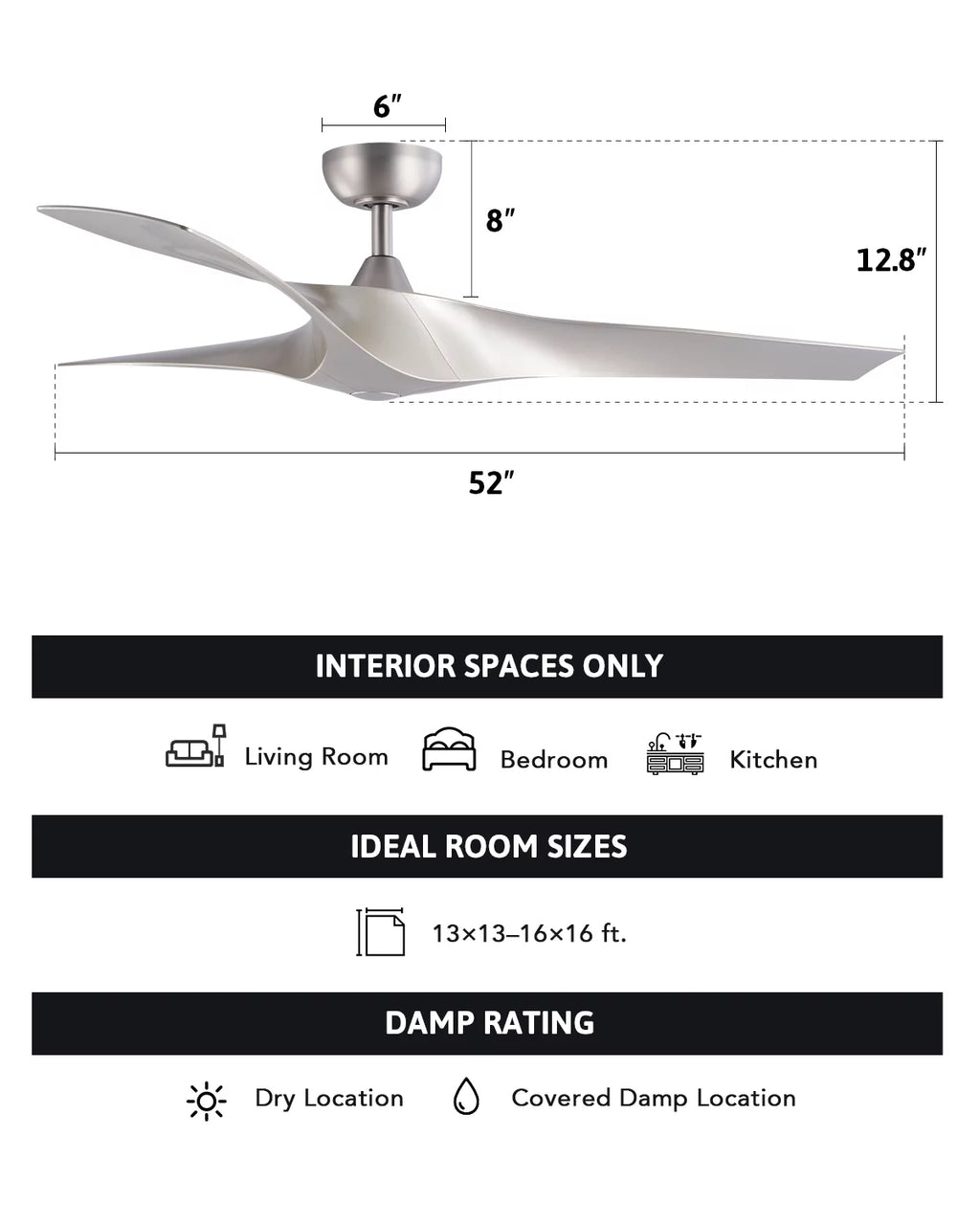 52" Farmhouse Ceiling Fan with Remote 6 Speeds Silver Y16025