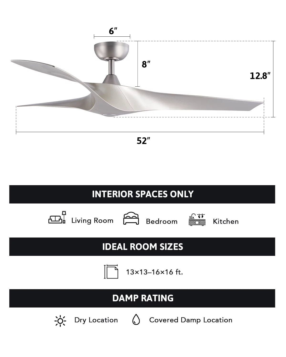 52" Farmhouse Ceiling Fan with Remote 6 Speeds Silver Y16025