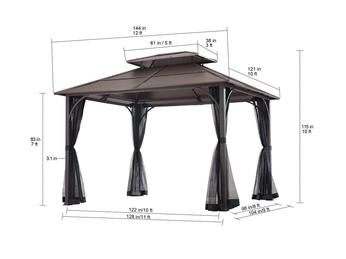 Brown 10x12 ft. Steel Frame 2-Tier Hardtop Roof Gazebo with Netting L535264
