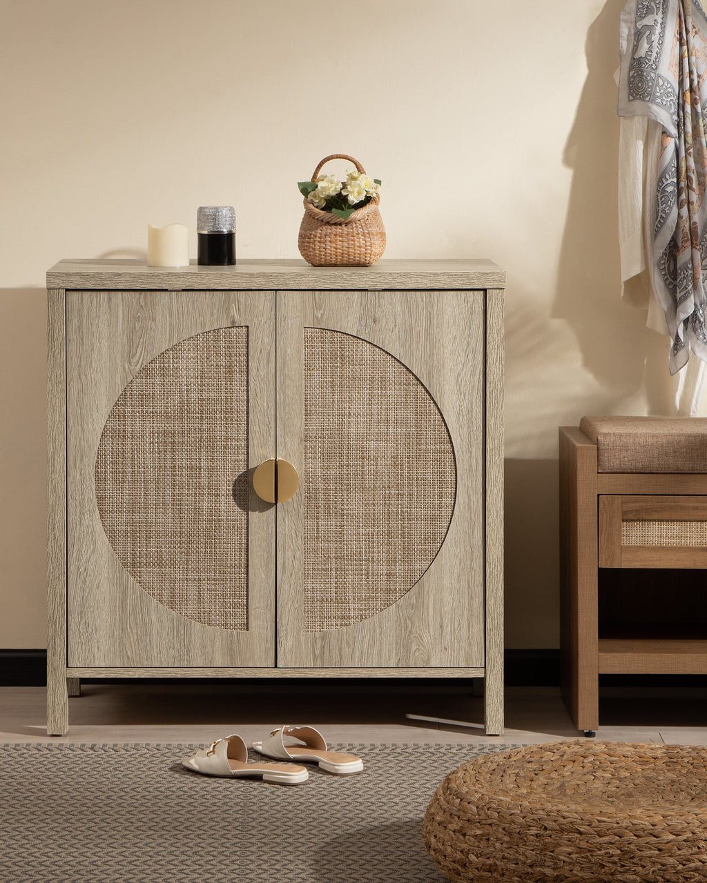 Oak Rattan Sideboard Storage Cabinet Set of 2 W5047