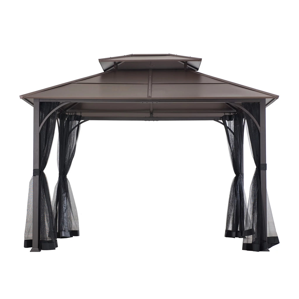Brown 10x12 ft. Steel Frame 2-Tier Hardtop Roof Gazebo with Netting L535264
