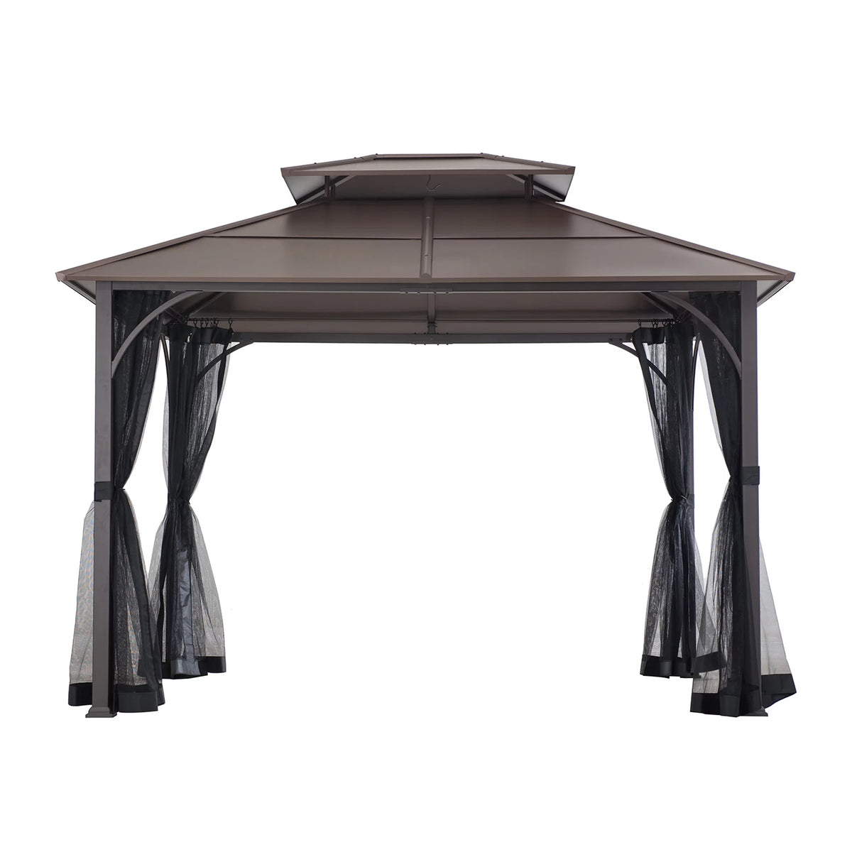 Brown 10x12 ft. Steel Frame 2-Tier Hardtop Roof Gazebo with Netting L535264