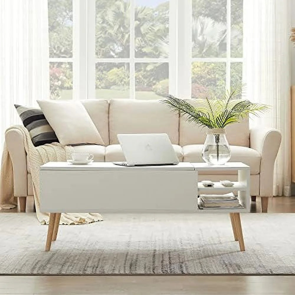 43" Lift Top Wooden Coffee Table with Hidden Storage and Open Shelves Matte White A239