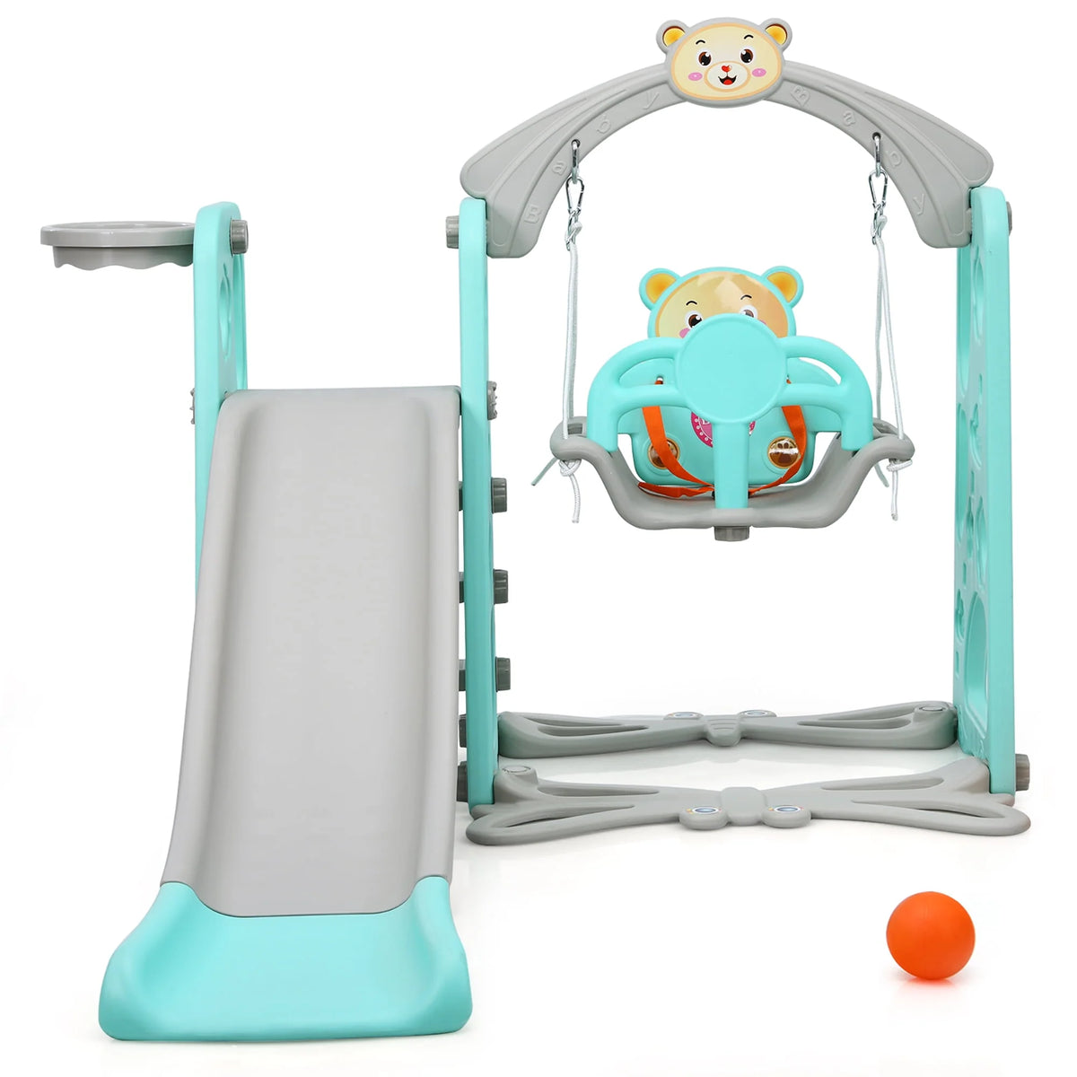 4-in-1 Toddler Climber and Swing Set with Basketball Hoop A7623