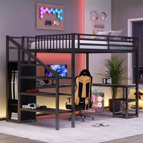 Black Full Size Metal Loft Bed with Stairs and Storage W87820