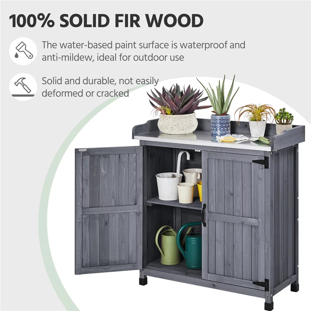 Wooden Garden Potting Bench Table with Cabinet V71419
