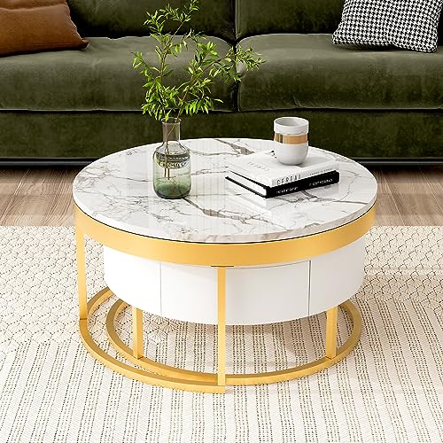 Round Lift-top Nesting Coffee Tables with 2 Drawers White & Natural Y3507