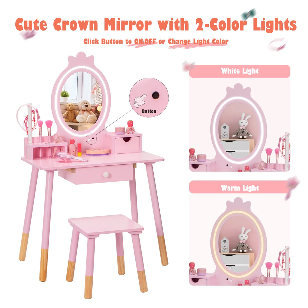 Kids Vanity Set with Mirror, Lights, Stool and Jewelry Rack C2537
