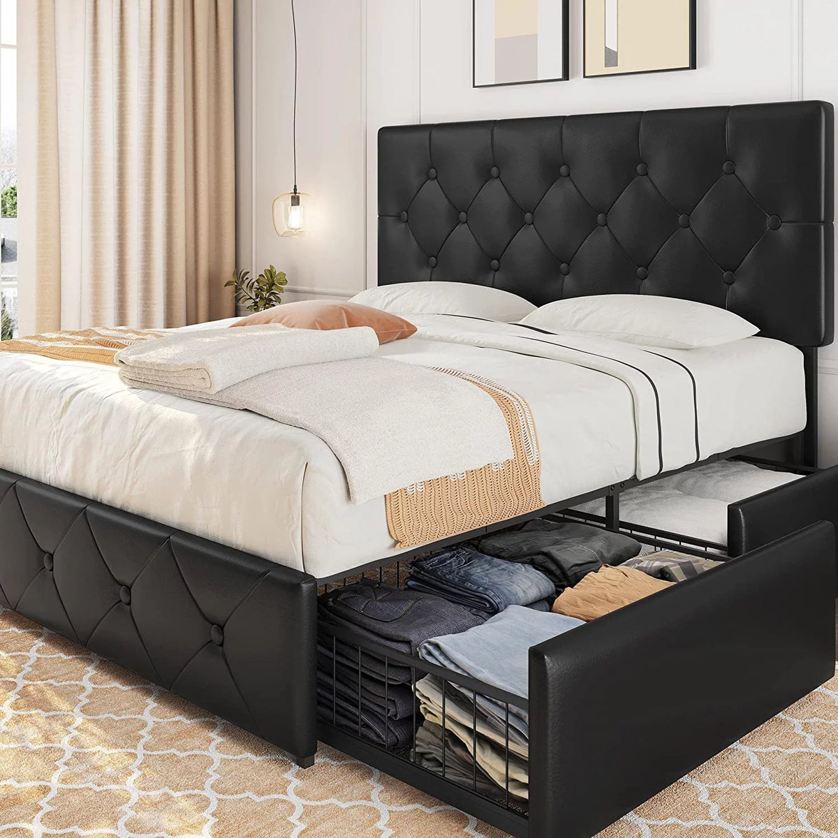 Queen Size Upholstered Bed Frame with 4 Drawers U19939
