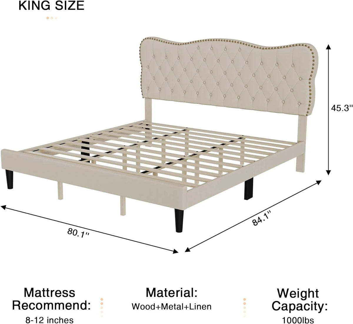 King Size Beige Linen Upholstered Bed Frame with Adjustable Headboard P203
