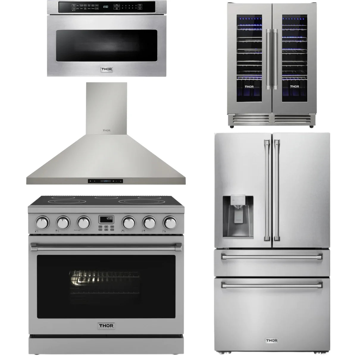 36 Electric Range, Range Hood, Refrigerator, Microwave and Wine Cooler T3793