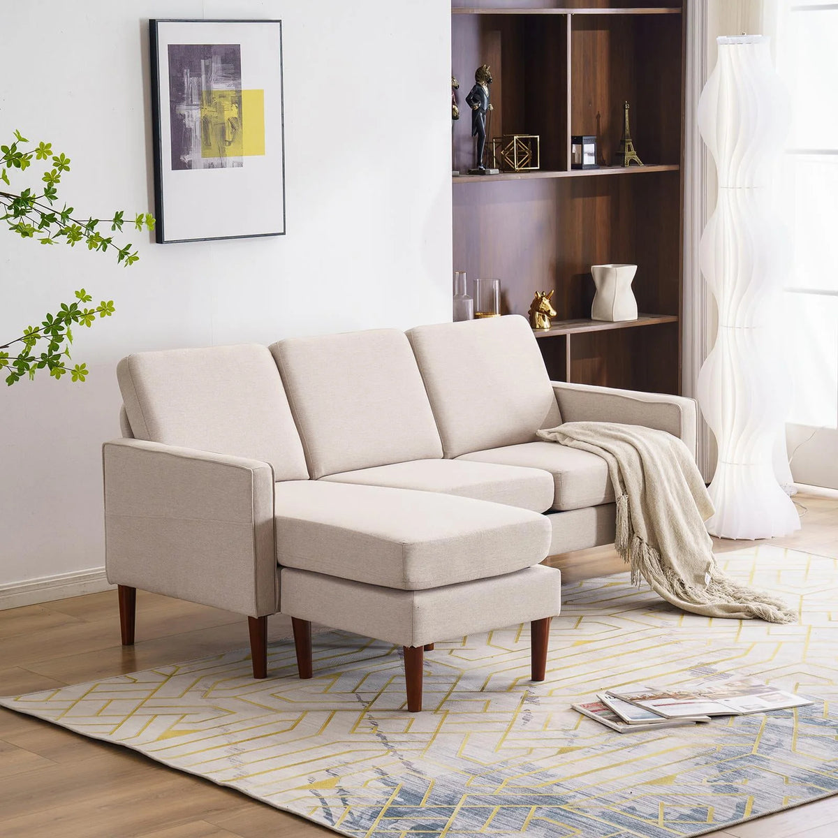 L Shaped Linen Fabric Convertible Sectional Sofa C862349