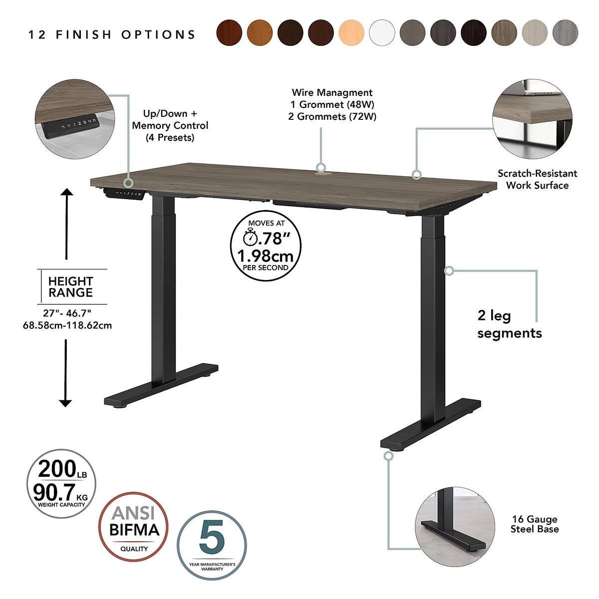 72W x 30D Adjustable Desk in Modern Hickory R855659