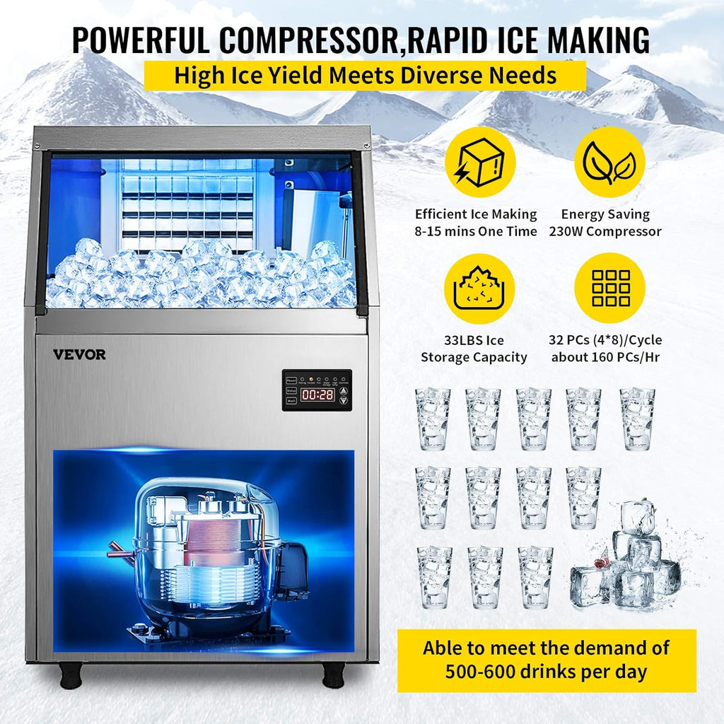 110V Commercial Ice Maker with 33LBS Bin, Stainless Steel G3249