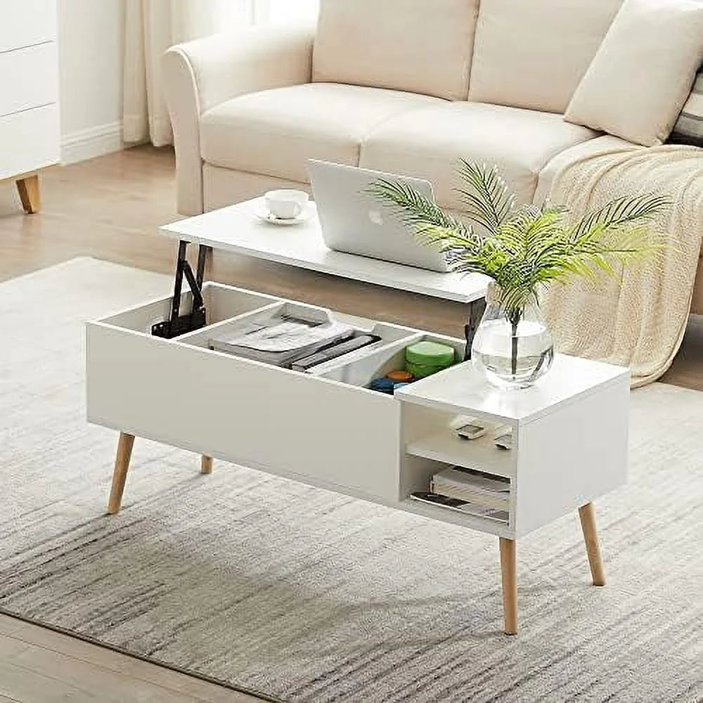 43" Lift Top Wooden Coffee Table with Hidden Storage and Open Shelves Matte White A239