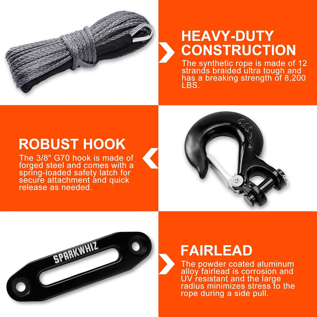 Synthetic Winch Rope Kit, 1/4" x 50ft 8200 LBS with Protective Sleeve, Fairlead, Stopper, Hook, Pack of 2 I611