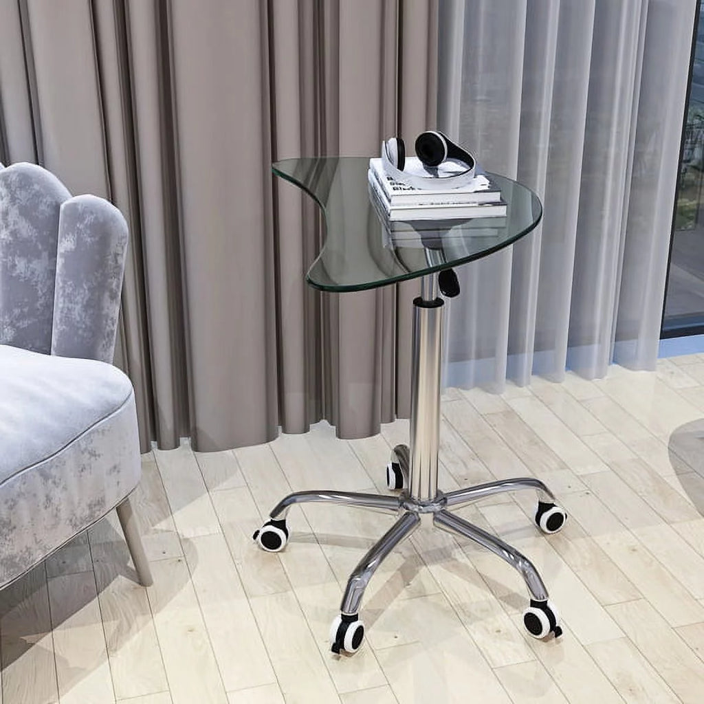 Adjustable Height Transparent Tempered Glass Table Desk with Lockable Wheels B49643