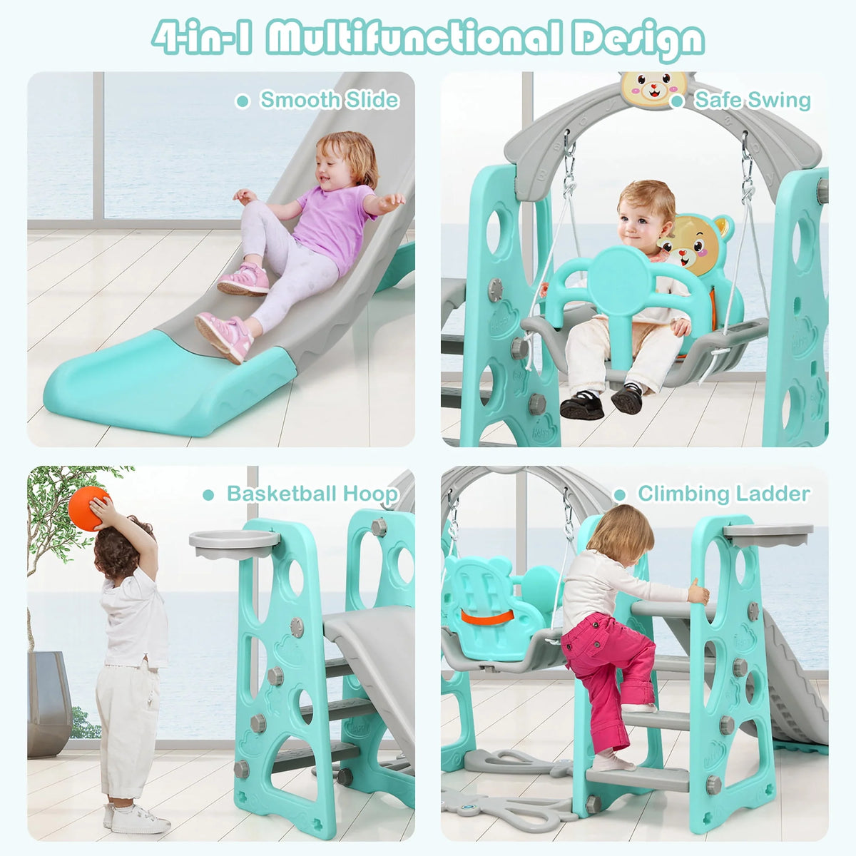 4-in-1 Toddler Climber and Swing Set with Basketball Hoop A7623