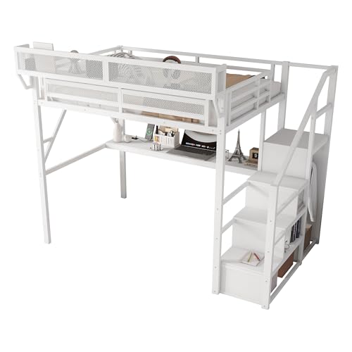 Black Full Size Metal Loft Bed with Stairs and Storage W87820