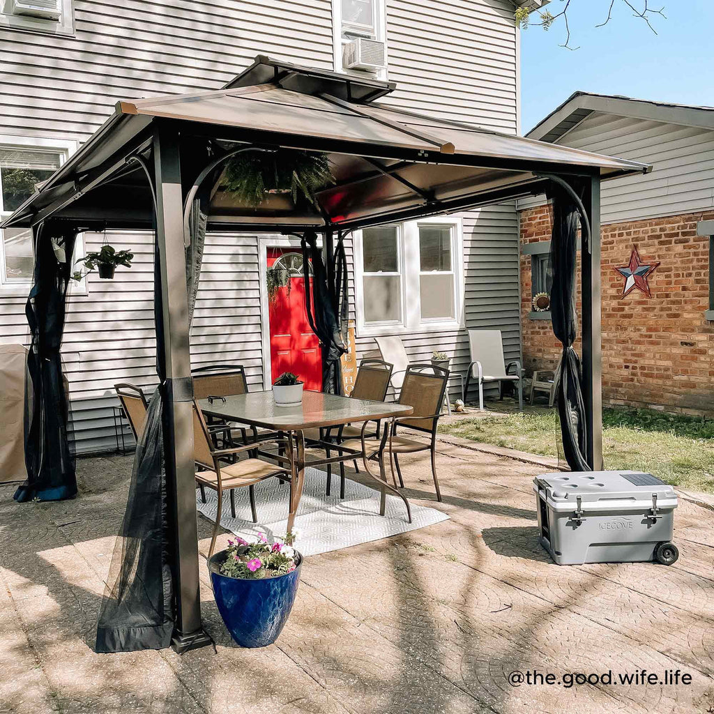 Brown 10x12 ft. Steel Frame 2-Tier Hardtop Roof Gazebo with Netting L535264