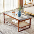 Rattan Woven Glass Desktop Round Double-Layer Solid Wood Coffee Table F99006