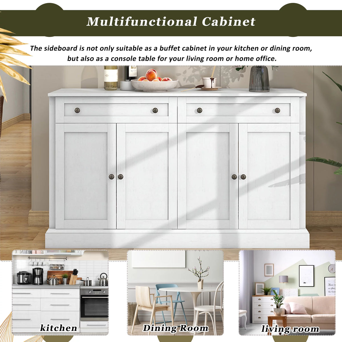 Antique White Kitchen Sideboard Buffet Cabinet with 2 Drawers & 4 Doors S88079