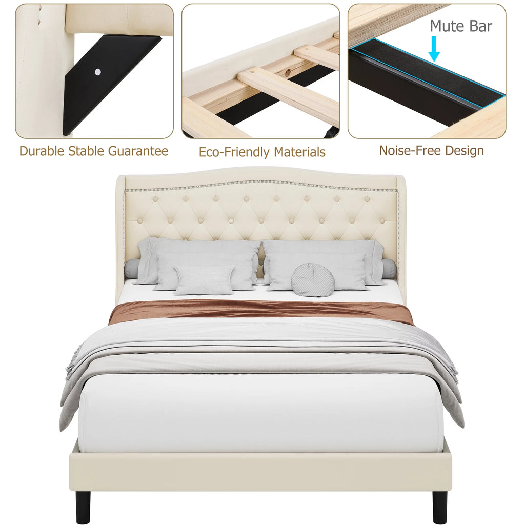 King Bed Frame with Wing-Back Button Tufted Headboard C461403
