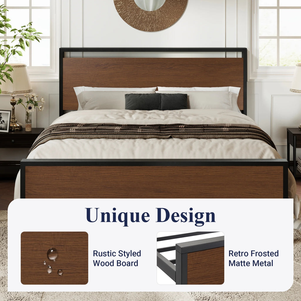 Queen Size Metal Platform Bed Frame with Wood Headboard and Footboard Z4458