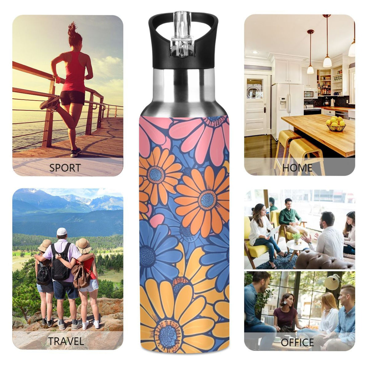 Blue and Pink Insulated Stainless Steel Water Bottle with Straw Lid, 20 oz F28659
