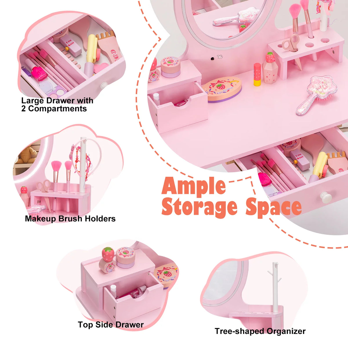 Kids Vanity Set with Mirror, Lights, Stool and Jewelry Rack C2537