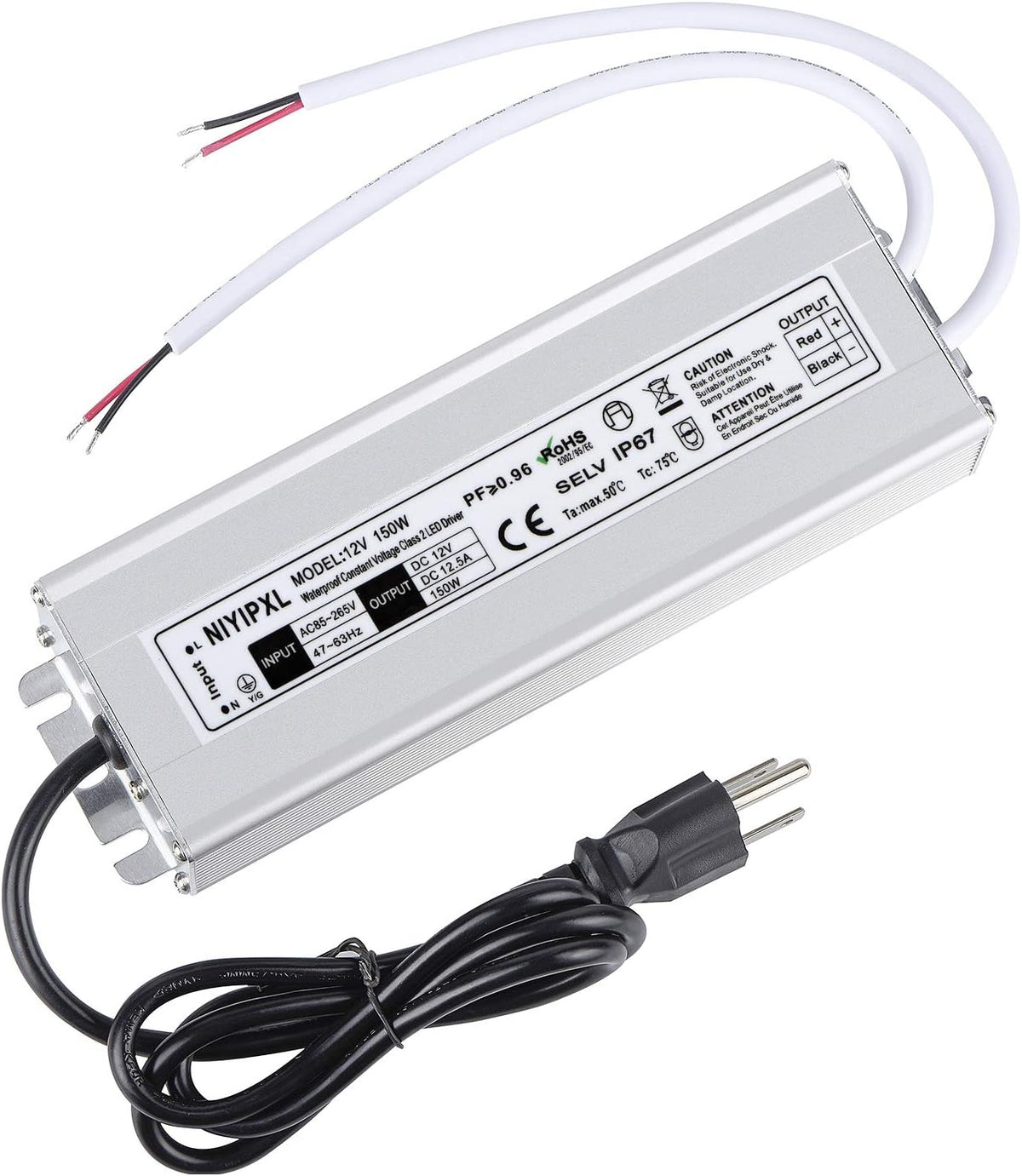 150 Watts Waterproof IP67 LED Driver Power Supply, 85V-265V AC to 12V DC, 3-Prong Plug H298