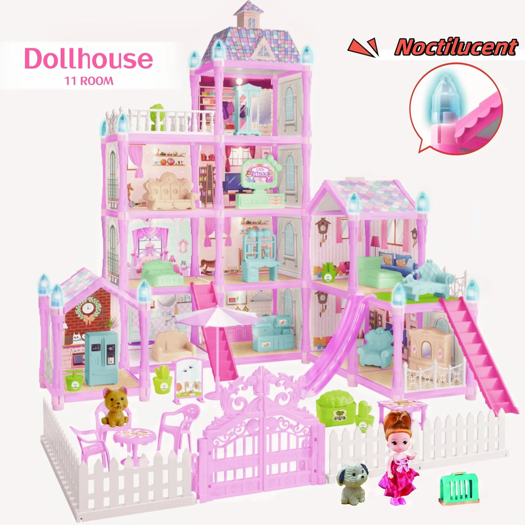 275PCS Dollhouse Kit with 11 Room Furniture Pink Princess Castle Playhouse S34784