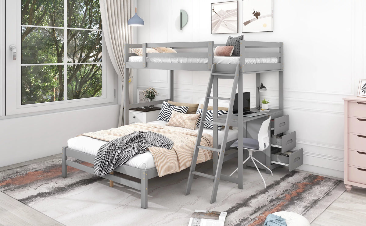 Gray Twin over Full Bunk Bed with Desk and Drawers Q735824