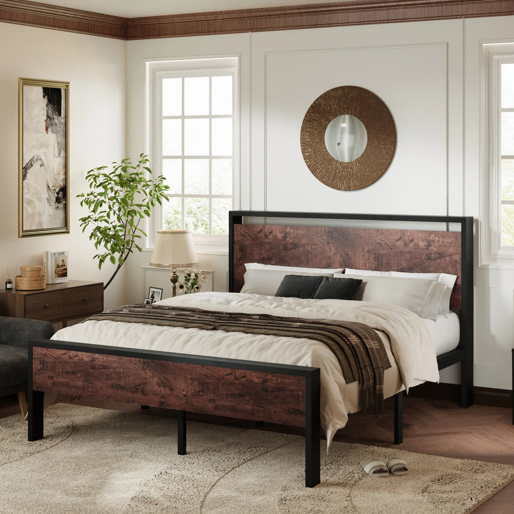 Queen Size Metal Platform Bed Frame with Wood Headboard and Footboard Z4458