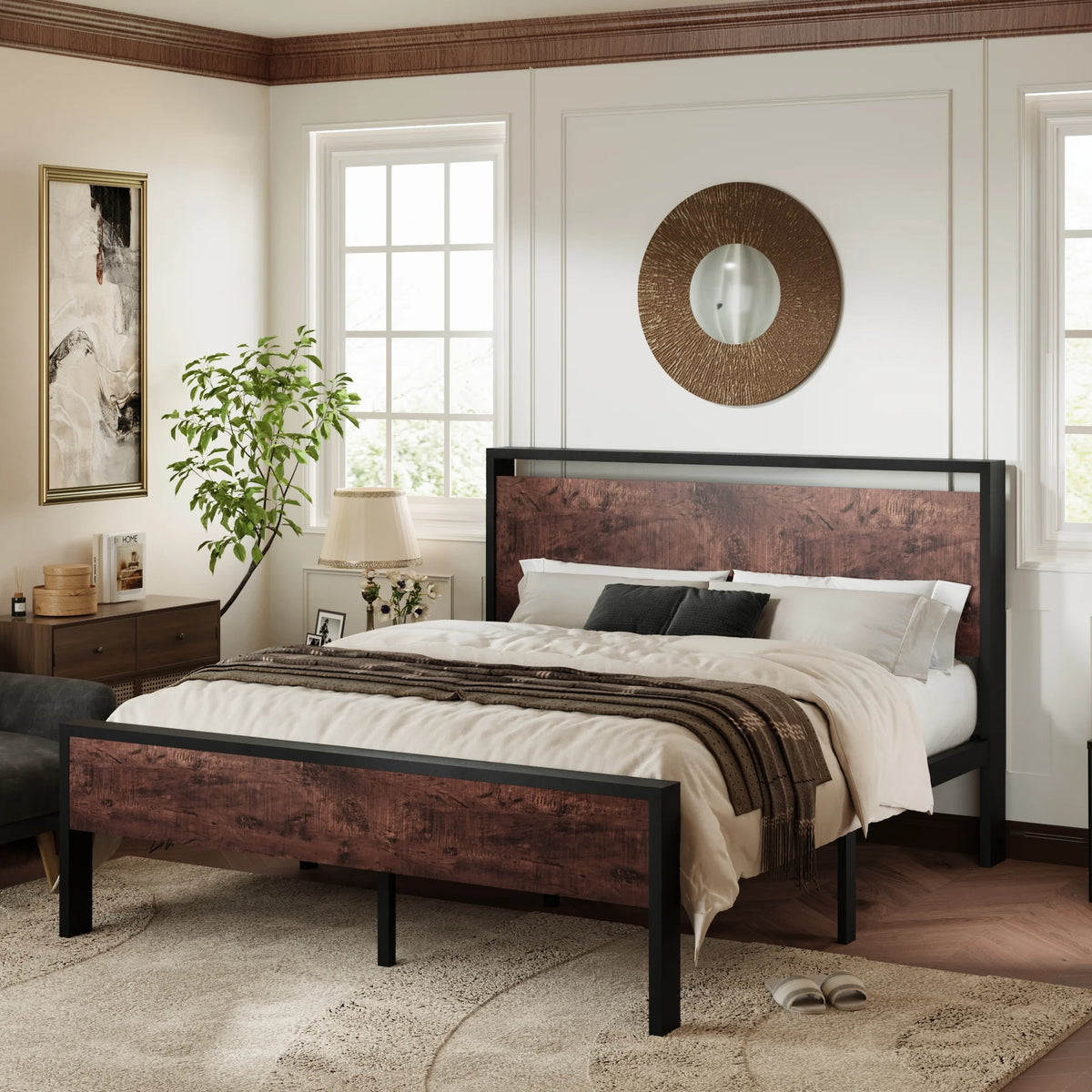 Queen Size Metal Platform Bed Frame with Wood Headboard and Footboard Z4458