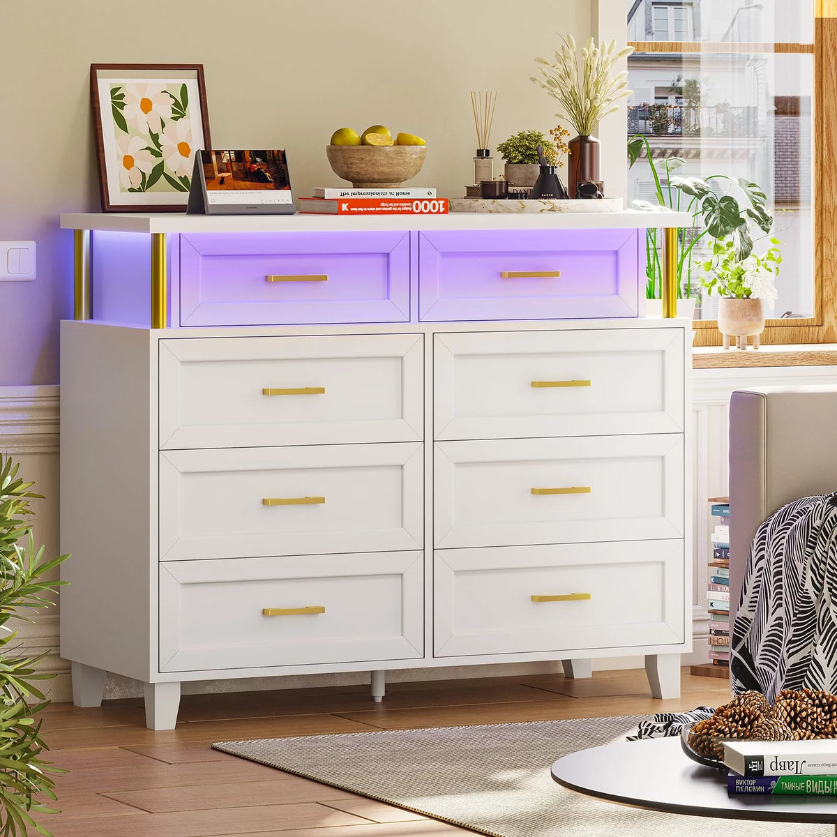 White 8 Drawer Dresser with LED Light W6308