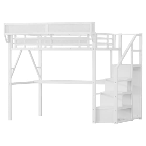 Black Full Size Metal Loft Bed with Stairs and Storage W87820