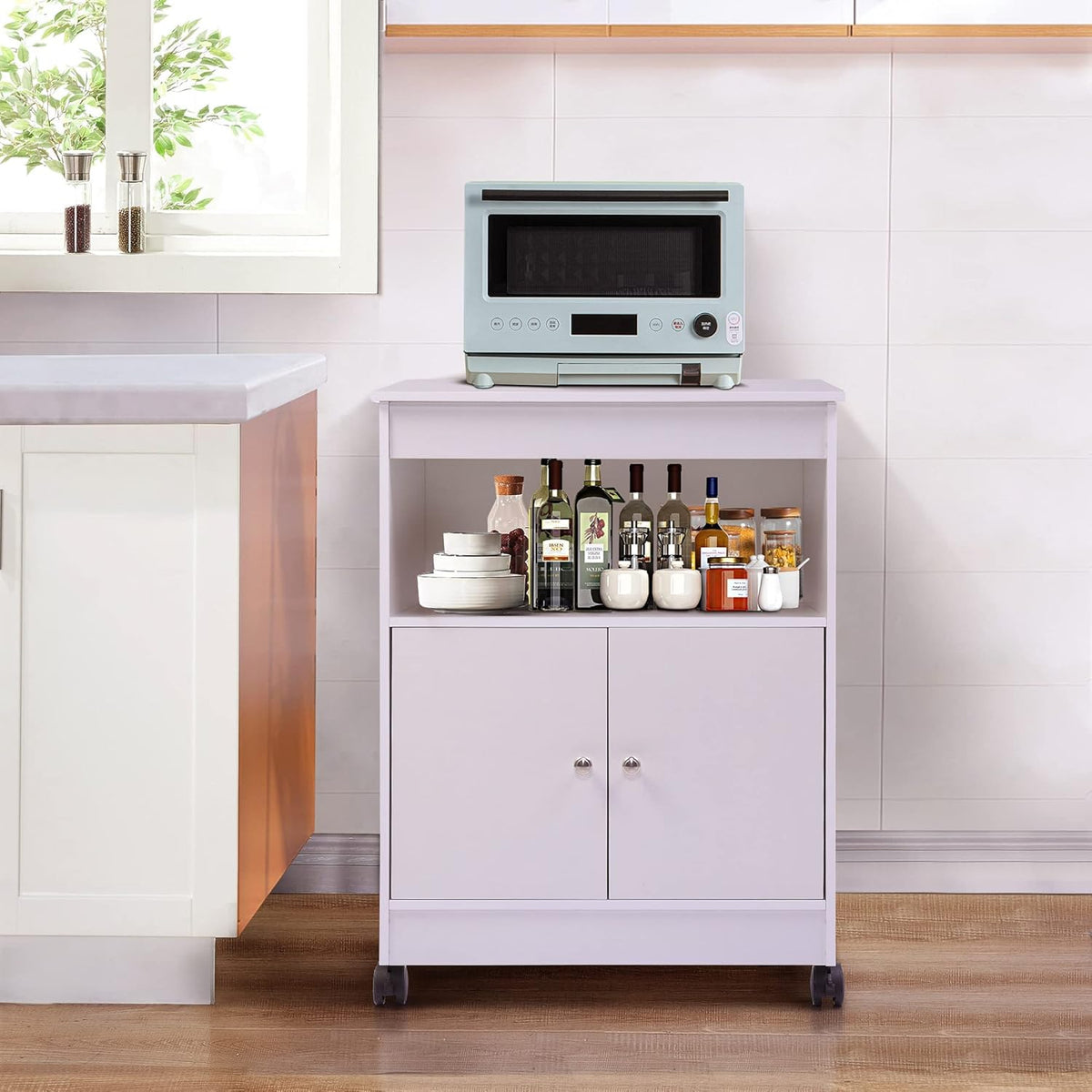 White Pack of 2 Microwave Kitchen Cart with Storage K90885