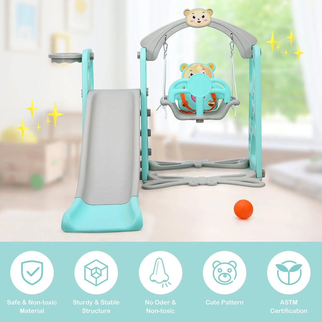 4-in-1 Toddler Climber and Swing Set with Basketball Hoop A7623