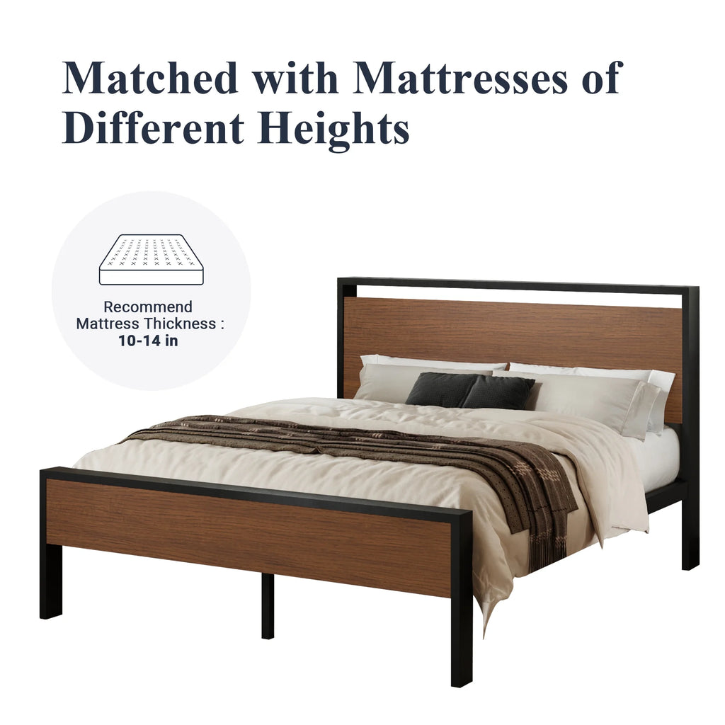 Queen Size Metal Platform Bed Frame with Wood Headboard and Footboard Z4458