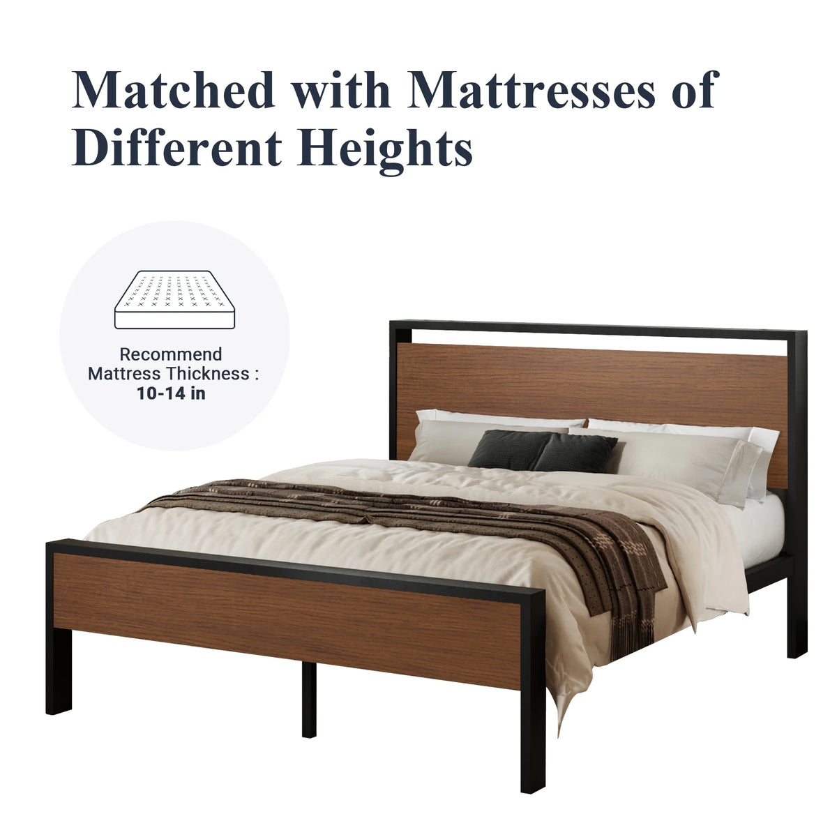 Queen Size Metal Platform Bed Frame with Wood Headboard and Footboard Z4458