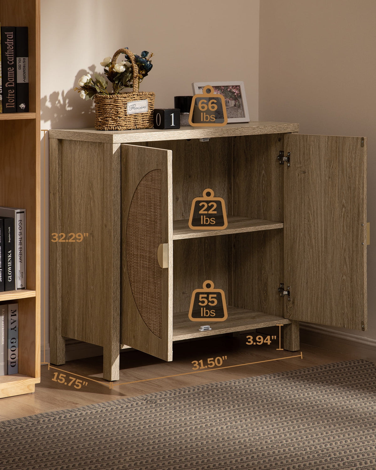 Oak Rattan Sideboard Storage Cabinet Set of 2 W5047