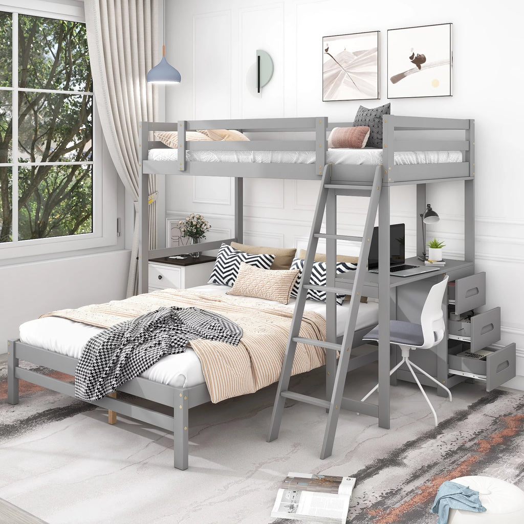 Gray Twin over Full Bunk Bed with Desk and Drawers Q735824