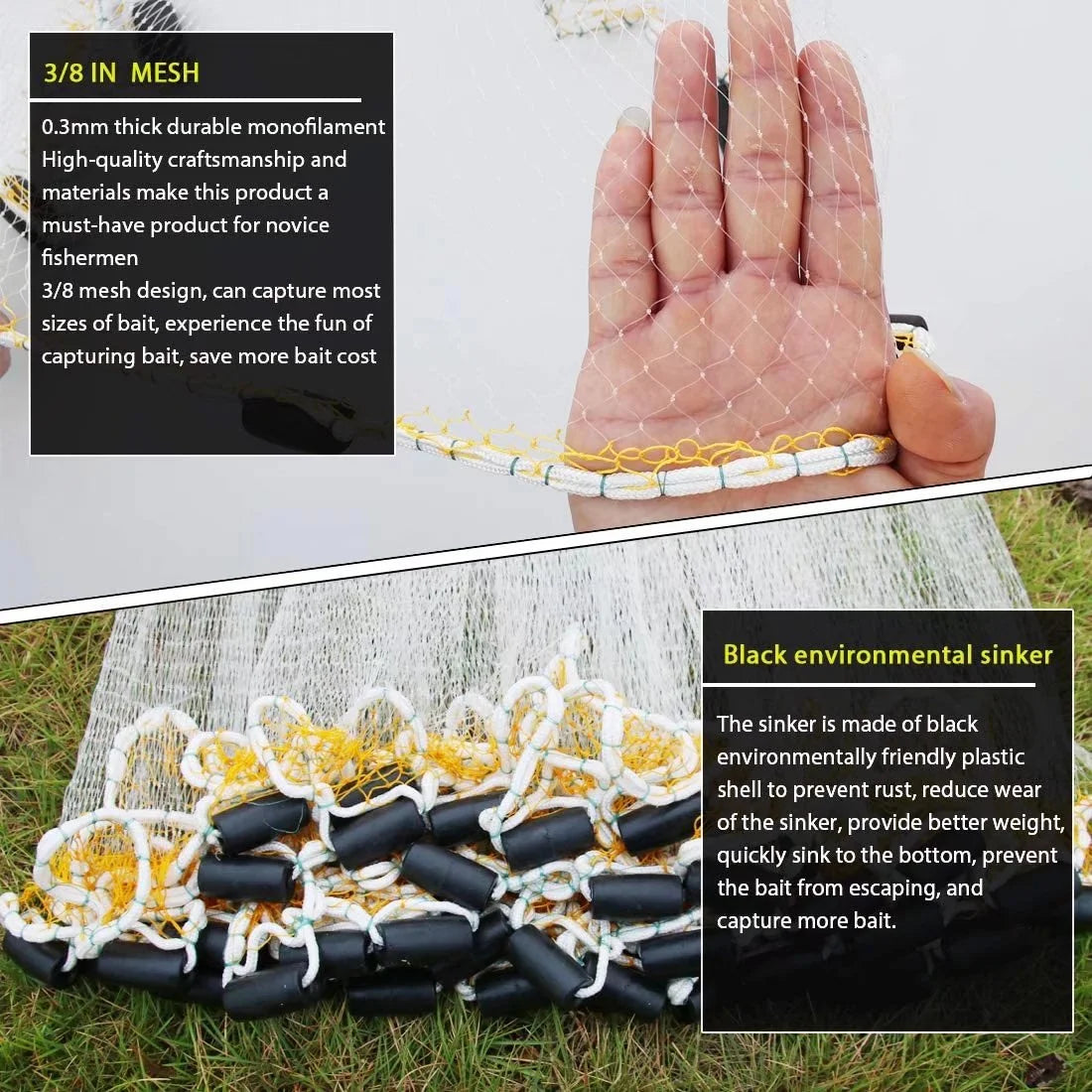 Fishing Cast Net 3/8 Mesh 4ft Bait Trap T710849