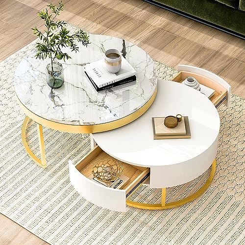 Round Lift-top Nesting Coffee Tables with 2 Drawers White & Natural Y3507