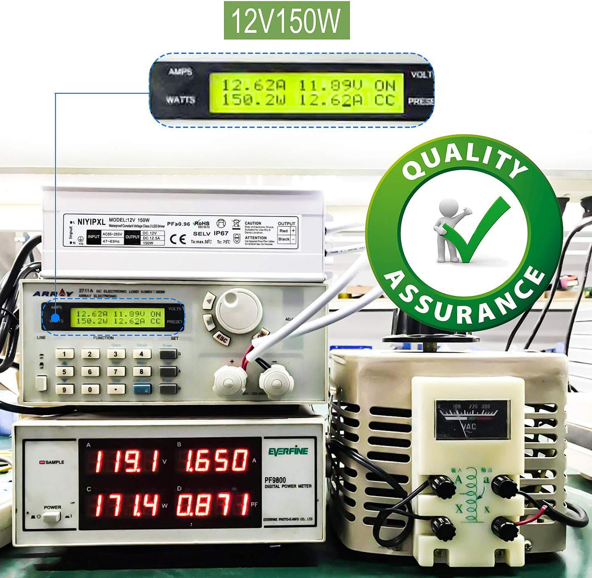 150 Watts Waterproof IP67 LED Driver Power Supply, 85V-265V AC to 12V DC, 3-Prong Plug H298