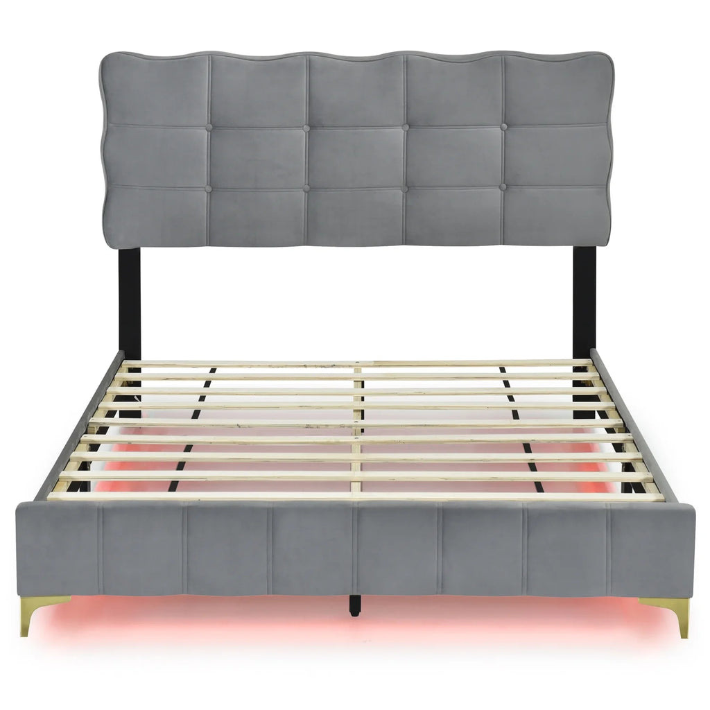 Full Size Beige Velvet Platform Bed with Headboard U48622