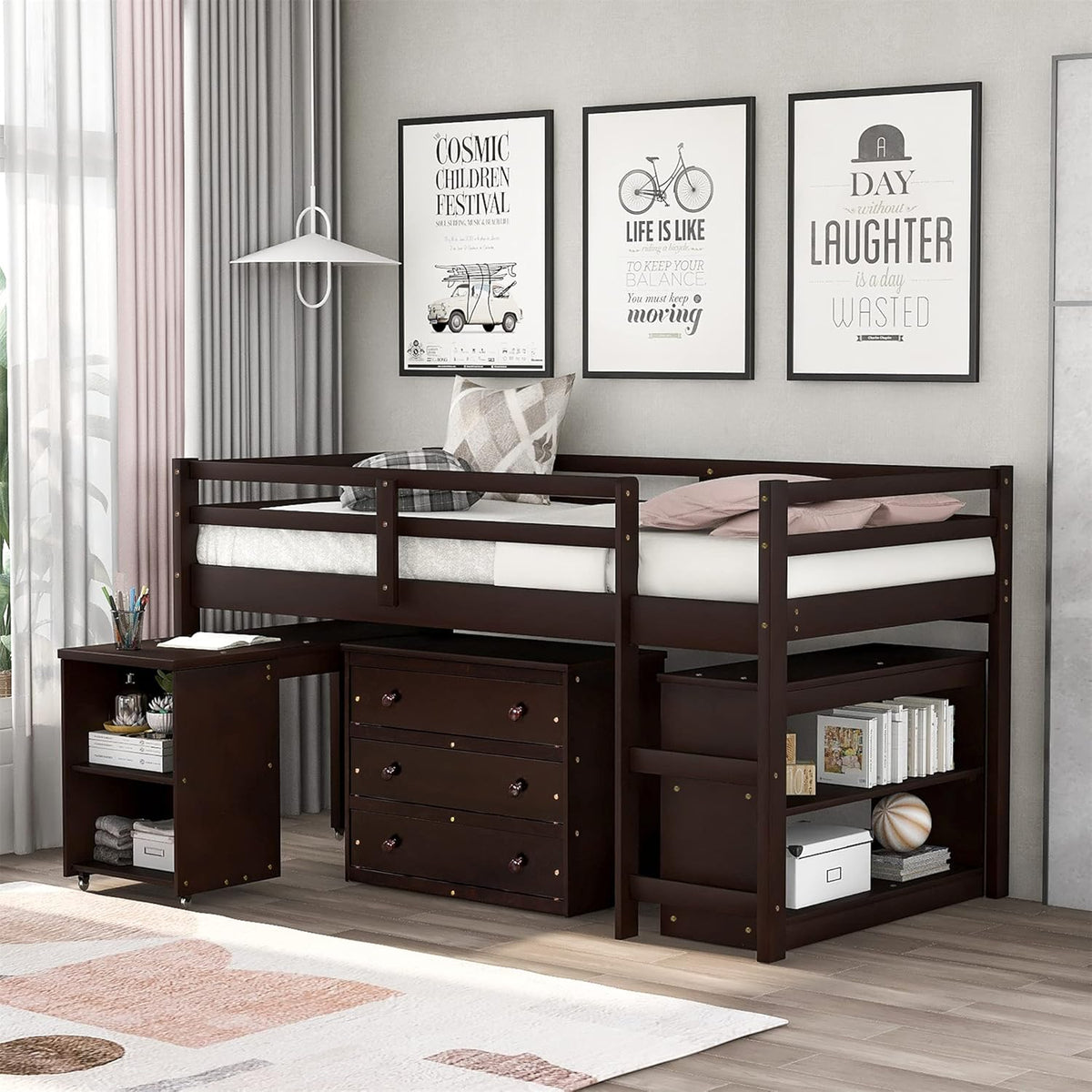 Twin Wooden Loft Bed with Storage Drawers and Cabinet T7630