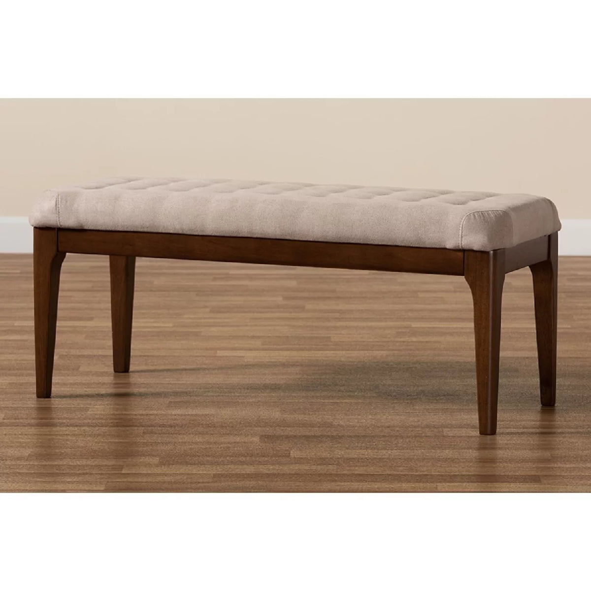 Beige Fabric Upholstered Walnut Brown Wood Dining Bench J661